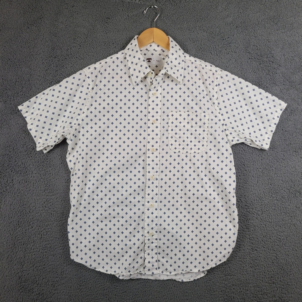 Tellason Mens Short Sleeve Button Down Shirt M White Diamond Japanese Fabric